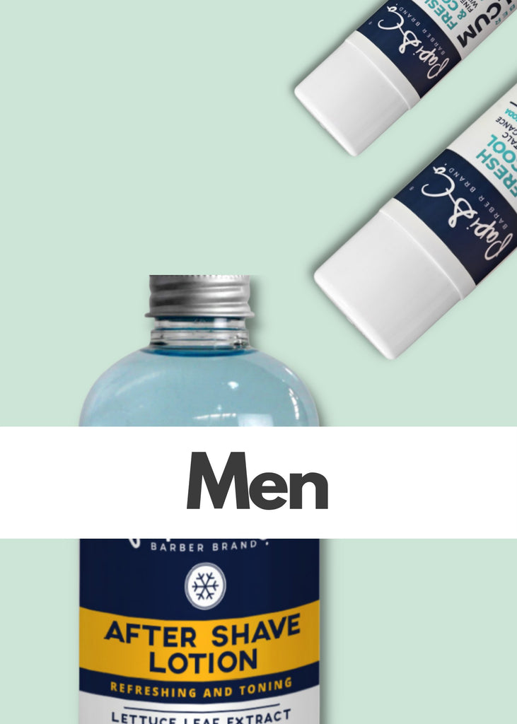 Closeup of Papi & Co. men's aftershave and shaving powder.