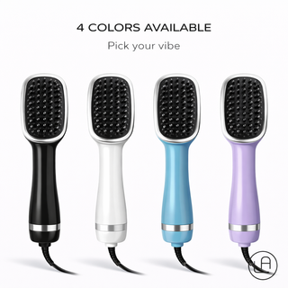 Four hairbrushes in black, white, blue, and purple on a white background with text '4 Colors Available'.