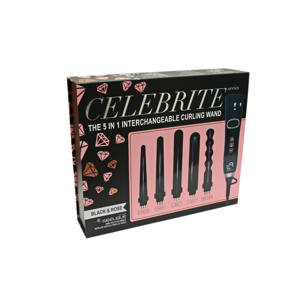 Black and pink packaging of 5 piece hair curling wand set. 