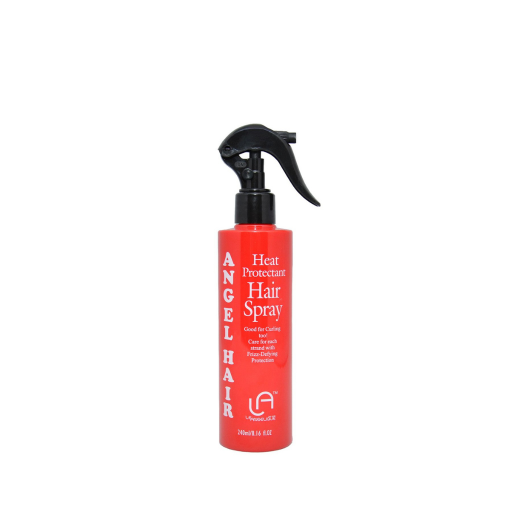 Bright fire extinguisher style, red bottle with black spray top of angel hair heat protectant. 